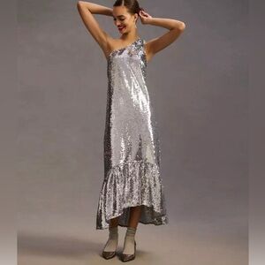 Anthropologie Maeve Small Sequins One Shoulder Maxi Evening Formal Dress NWT